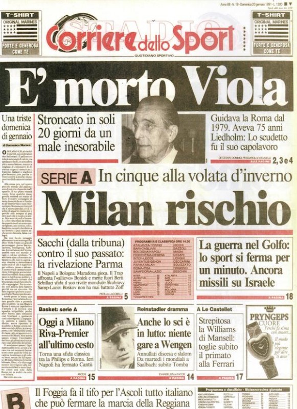 Corriere dello Sport-Stadio 20 gennaio 1991 morte dino viola