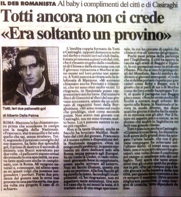 Totti in nazionale – Corriere dello Sport 22-2-1996 (2)