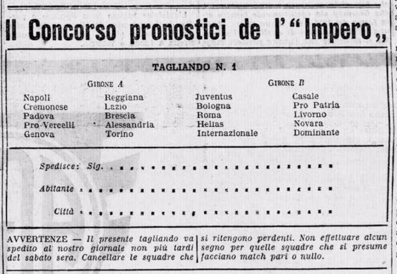 CONCORSO PRONOSTICI SU L’IMPERO 22-9-1927