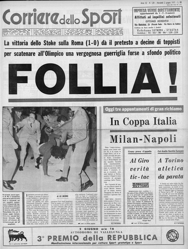 CORRIERE DELLO SPORT 2-6-1971_Roma-Stoke incidenti